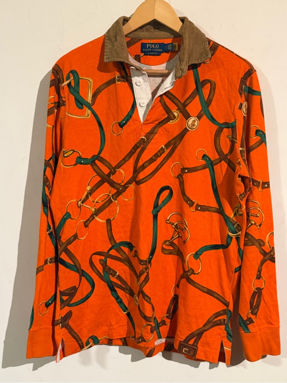 Polo by Ralph Lauren Orange Long-Sleeve Rugby Shirt with Brown Corduroy Collar